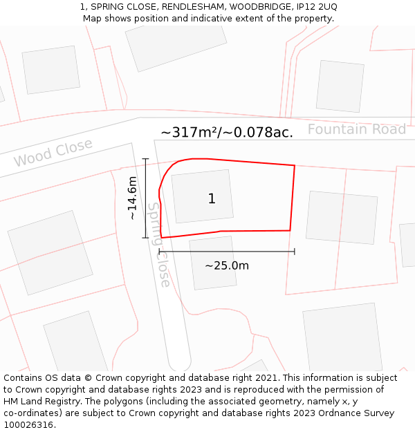 1, SPRING CLOSE, RENDLESHAM, WOODBRIDGE, IP12 2UQ: Plot and title map