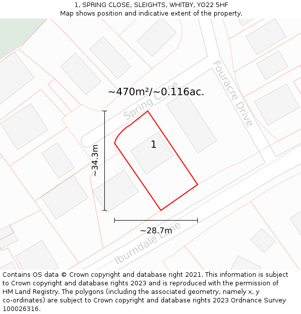 1, SPRING CLOSE, SLEIGHTS, WHITBY, YO22 5HF: Plot and title map