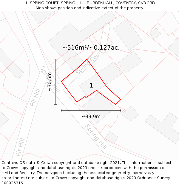 1, SPRING COURT, SPRING HILL, BUBBENHALL, COVENTRY, CV8 3BD: Plot and title map
