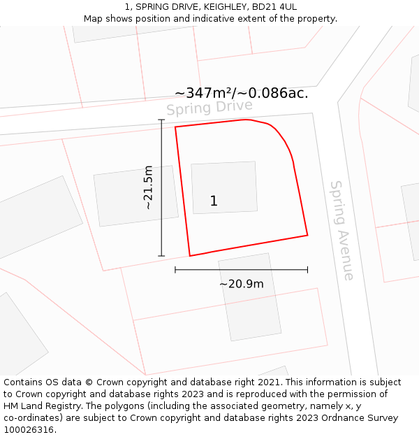 1, SPRING DRIVE, KEIGHLEY, BD21 4UL: Plot and title map