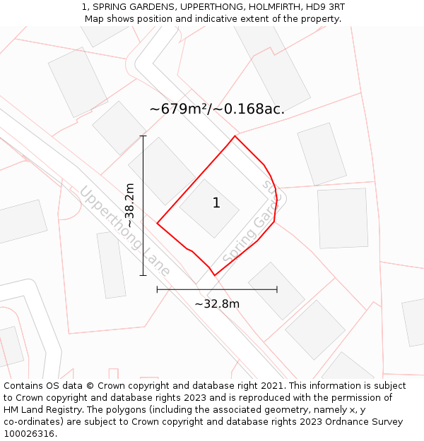 1, SPRING GARDENS, UPPERTHONG, HOLMFIRTH, HD9 3RT: Plot and title map
