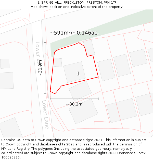1, SPRING HILL, FRECKLETON, PRESTON, PR4 1TF: Plot and title map