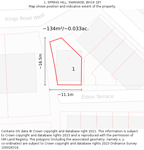 1, SPRING HILL, SWANAGE, BH19 1EY: Plot and title map