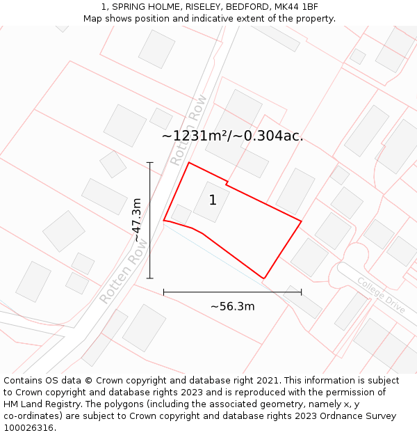 1, SPRING HOLME, RISELEY, BEDFORD, MK44 1BF: Plot and title map