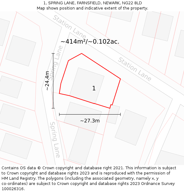 1, SPRING LANE, FARNSFIELD, NEWARK, NG22 8LD: Plot and title map