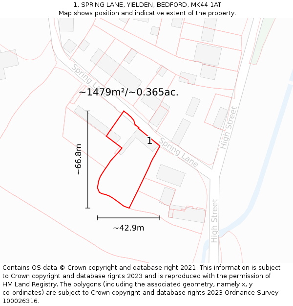 1, SPRING LANE, YIELDEN, BEDFORD, MK44 1AT: Plot and title map