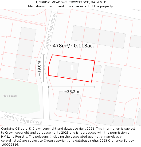 1, SPRING MEADOWS, TROWBRIDGE, BA14 0HD: Plot and title map