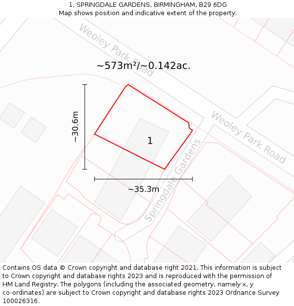 1, SPRINGDALE GARDENS, BIRMINGHAM, B29 6DG: Plot and title map
