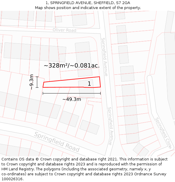 1, SPRINGFIELD AVENUE, SHEFFIELD, S7 2GA: Plot and title map