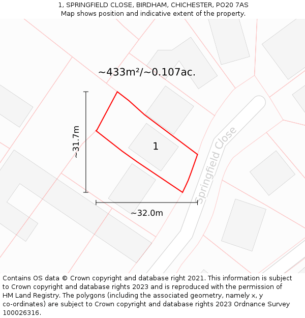 1, SPRINGFIELD CLOSE, BIRDHAM, CHICHESTER, PO20 7AS: Plot and title map