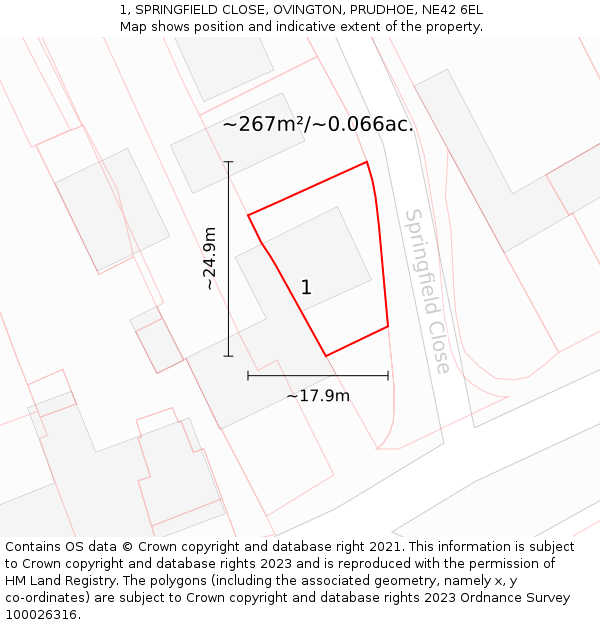 1, SPRINGFIELD CLOSE, OVINGTON, PRUDHOE, NE42 6EL: Plot and title map