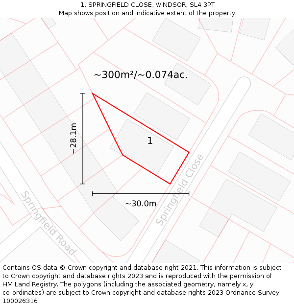 1, SPRINGFIELD CLOSE, WINDSOR, SL4 3PT: Plot and title map