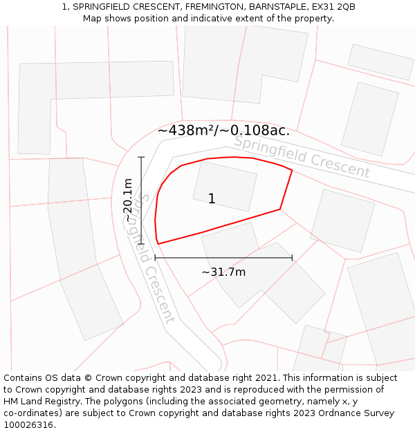 1, SPRINGFIELD CRESCENT, FREMINGTON, BARNSTAPLE, EX31 2QB: Plot and title map