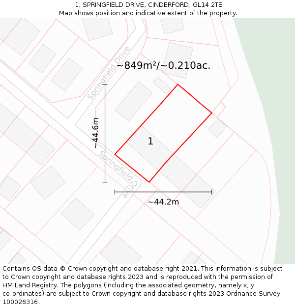 1, SPRINGFIELD DRIVE, CINDERFORD, GL14 2TE: Plot and title map