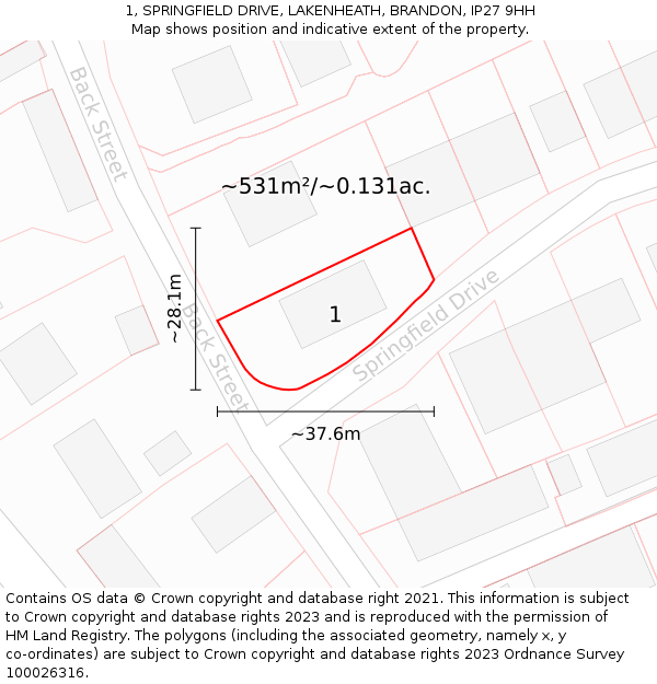 1, SPRINGFIELD DRIVE, LAKENHEATH, BRANDON, IP27 9HH: Plot and title map