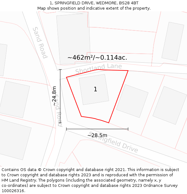 1, SPRINGFIELD DRIVE, WEDMORE, BS28 4BT: Plot and title map