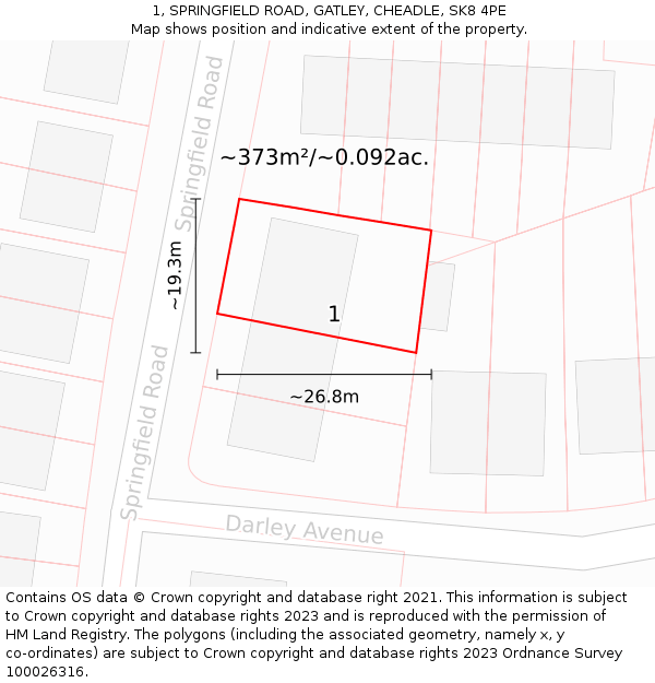 1, SPRINGFIELD ROAD, GATLEY, CHEADLE, SK8 4PE: Plot and title map