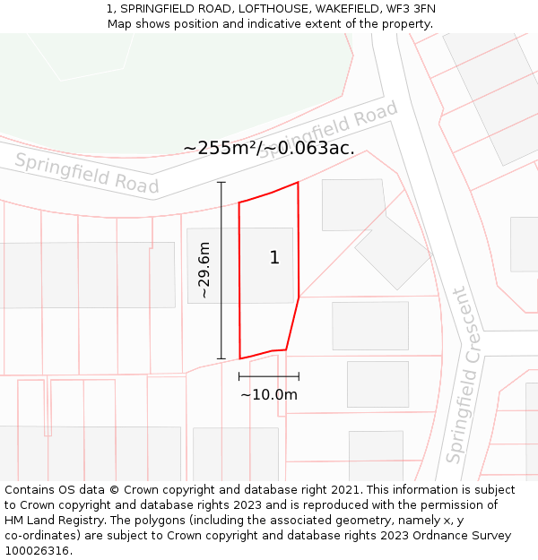 1, SPRINGFIELD ROAD, LOFTHOUSE, WAKEFIELD, WF3 3FN: Plot and title map