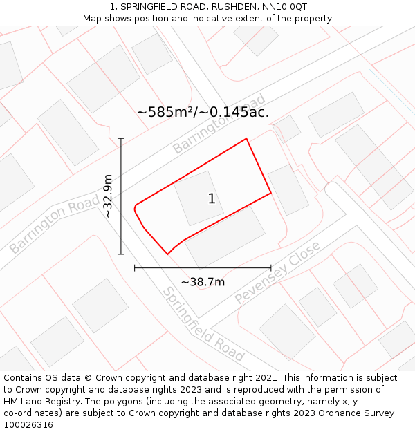 1, SPRINGFIELD ROAD, RUSHDEN, NN10 0QT: Plot and title map