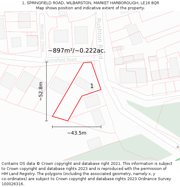 1, SPRINGFIELD ROAD, WILBARSTON, MARKET HARBOROUGH, LE16 8QR: Plot and title map