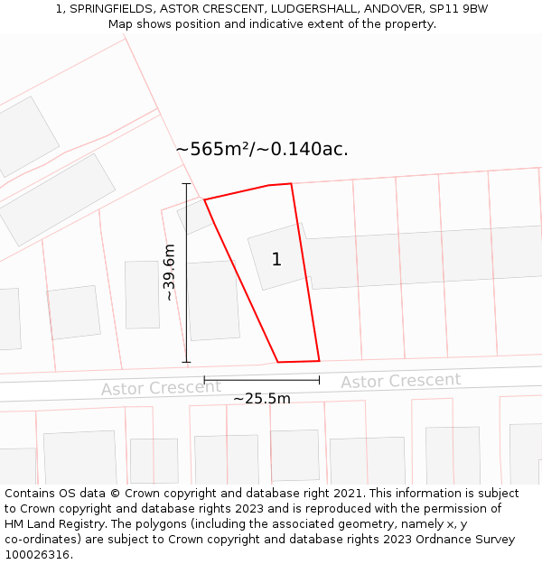 1, SPRINGFIELDS, ASTOR CRESCENT, LUDGERSHALL, ANDOVER, SP11 9BW: Plot and title map