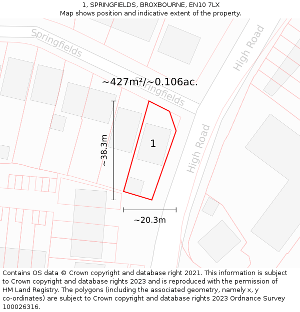 1, SPRINGFIELDS, BROXBOURNE, EN10 7LX: Plot and title map