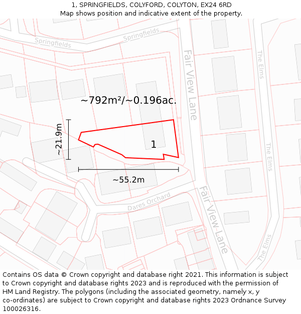 1, SPRINGFIELDS, COLYFORD, COLYTON, EX24 6RD: Plot and title map
