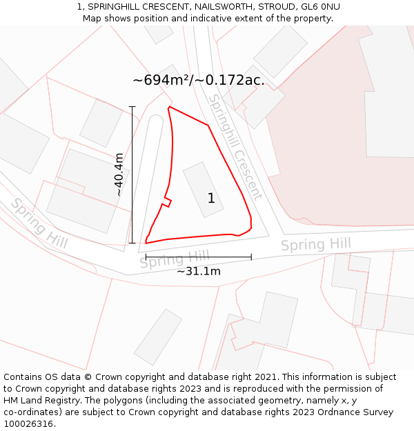1, SPRINGHILL CRESCENT, NAILSWORTH, STROUD, GL6 0NU: Plot and title map