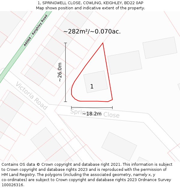 1, SPRINGWELL CLOSE, COWLING, KEIGHLEY, BD22 0AP: Plot and title map