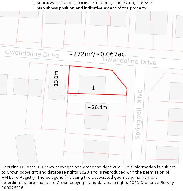 1, SPRINGWELL DRIVE, COUNTESTHORPE, LEICESTER, LE8 5SR: Plot and title map