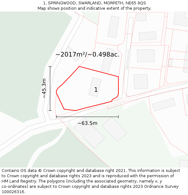 1, SPRINGWOOD, SWARLAND, MORPETH, NE65 9QS: Plot and title map