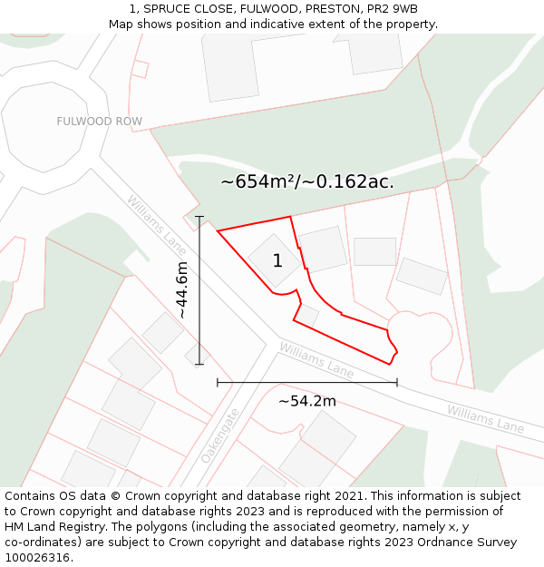 1, SPRUCE CLOSE, FULWOOD, PRESTON, PR2 9WB: Plot and title map