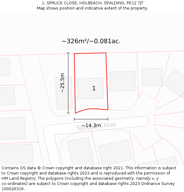 1, SPRUCE CLOSE, HOLBEACH, SPALDING, PE12 7JT: Plot and title map