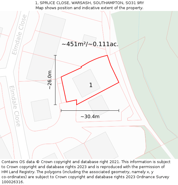 1, SPRUCE CLOSE, WARSASH, SOUTHAMPTON, SO31 9RY: Plot and title map