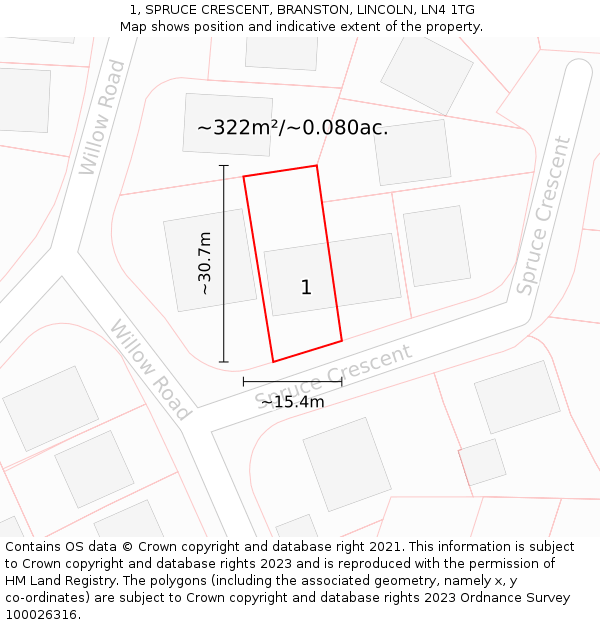 1, SPRUCE CRESCENT, BRANSTON, LINCOLN, LN4 1TG: Plot and title map