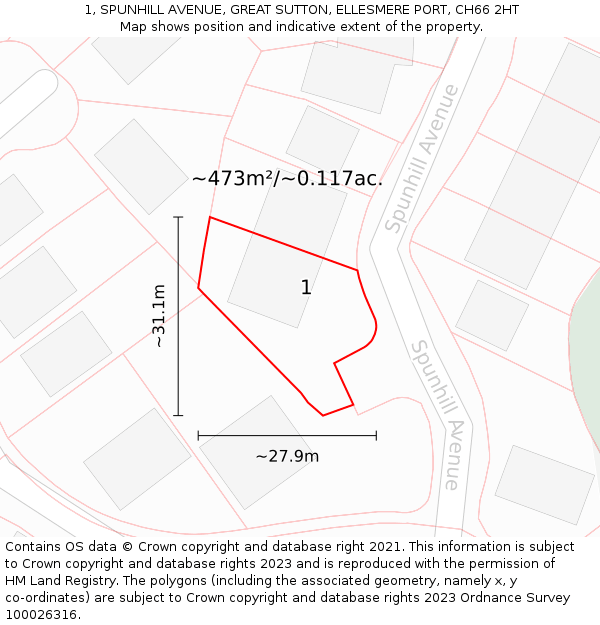 1, SPUNHILL AVENUE, GREAT SUTTON, ELLESMERE PORT, CH66 2HT: Plot and title map