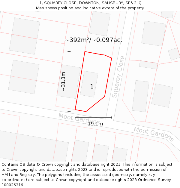 1, SQUAREY CLOSE, DOWNTON, SALISBURY, SP5 3LQ: Plot and title map