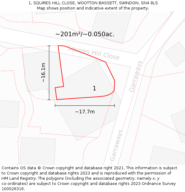 1, SQUIRES HILL CLOSE, WOOTTON BASSETT, SWINDON, SN4 8LS: Plot and title map