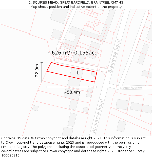 1, SQUIRES MEAD, GREAT BARDFIELD, BRAINTREE, CM7 4SJ: Plot and title map