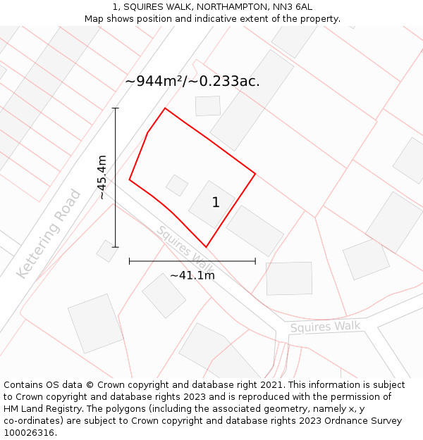 1, SQUIRES WALK, NORTHAMPTON, NN3 6AL: Plot and title map