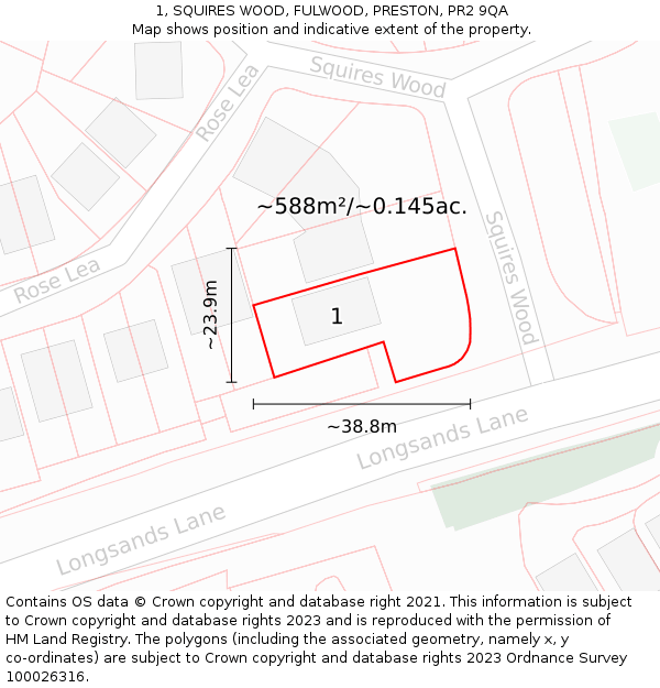 1, SQUIRES WOOD, FULWOOD, PRESTON, PR2 9QA: Plot and title map
