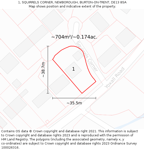 1, SQUIRRELS CORNER, NEWBOROUGH, BURTON-ON-TRENT, DE13 8SA: Plot and title map