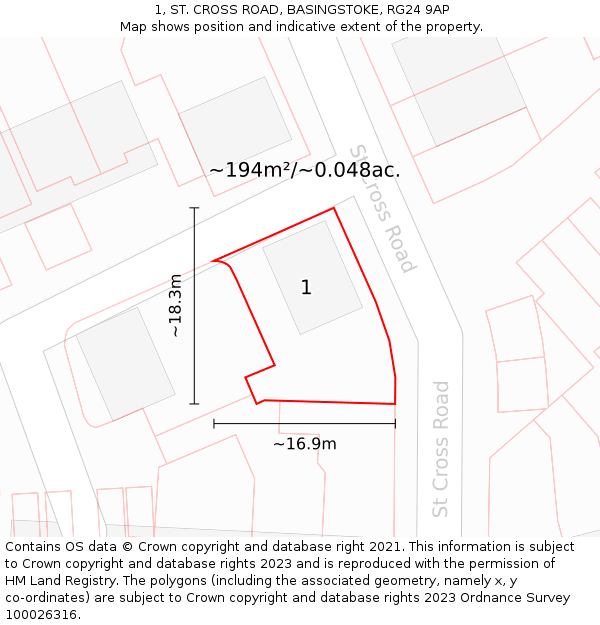 1, ST. CROSS ROAD, BASINGSTOKE, RG24 9AP: Plot and title map