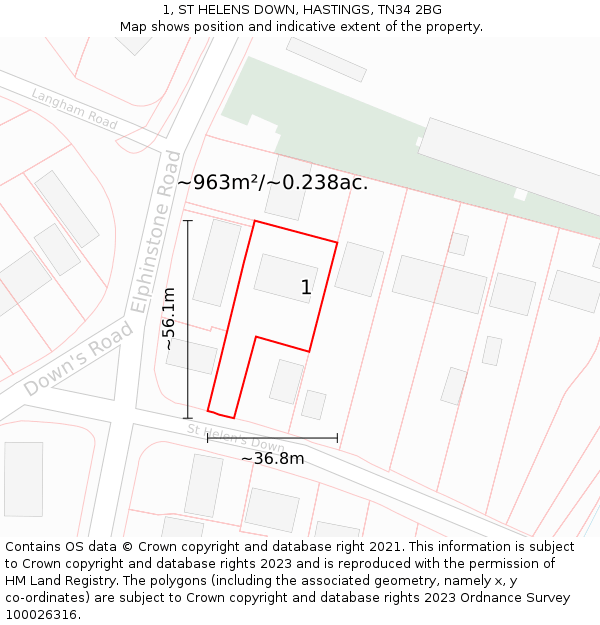 1, ST HELENS DOWN, HASTINGS, TN34 2BG: Plot and title map