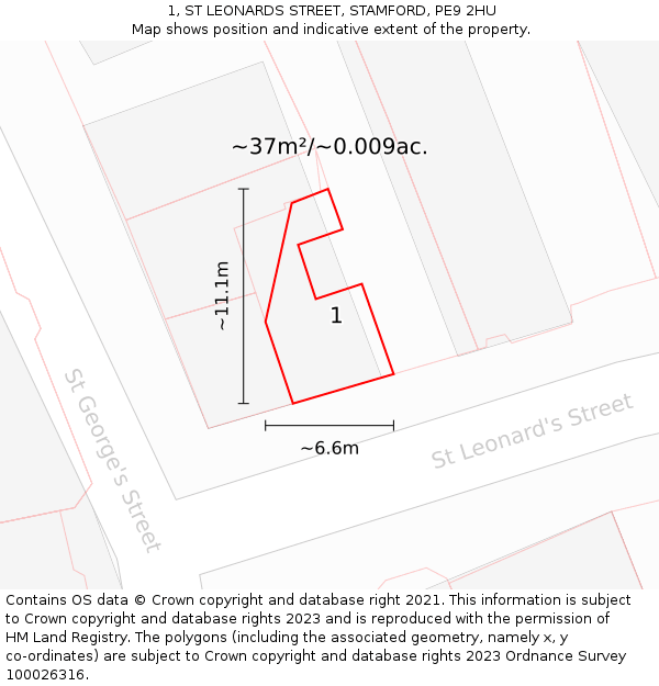 1, ST LEONARDS STREET, STAMFORD, PE9 2HU: Plot and title map