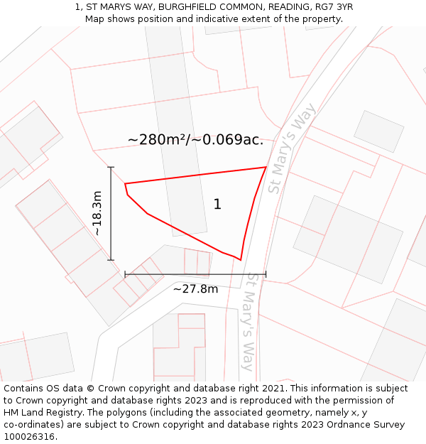 1, ST MARYS WAY, BURGHFIELD COMMON, READING, RG7 3YR: Plot and title map