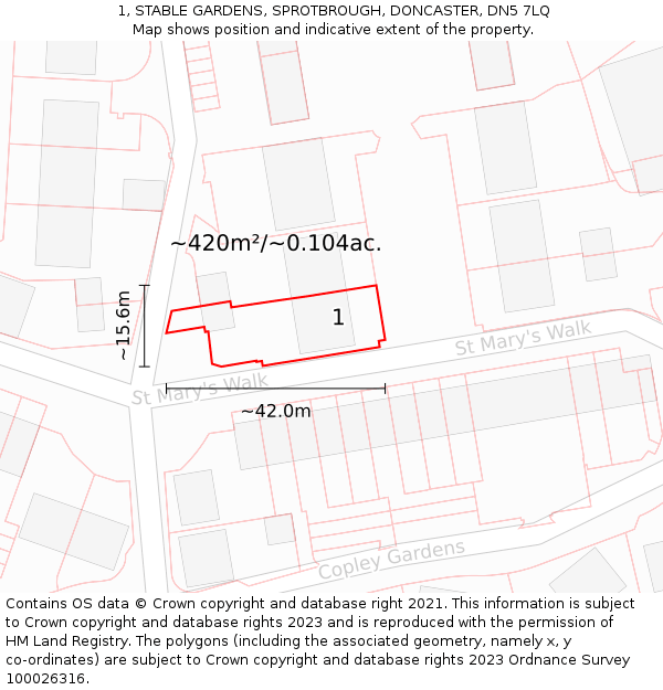 1, STABLE GARDENS, SPROTBROUGH, DONCASTER, DN5 7LQ: Plot and title map
