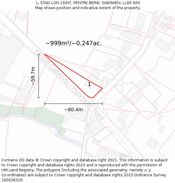 1, STAD LON CEINT, PENTRE BERW, GAERWEN, LL60 6AX: Plot and title map