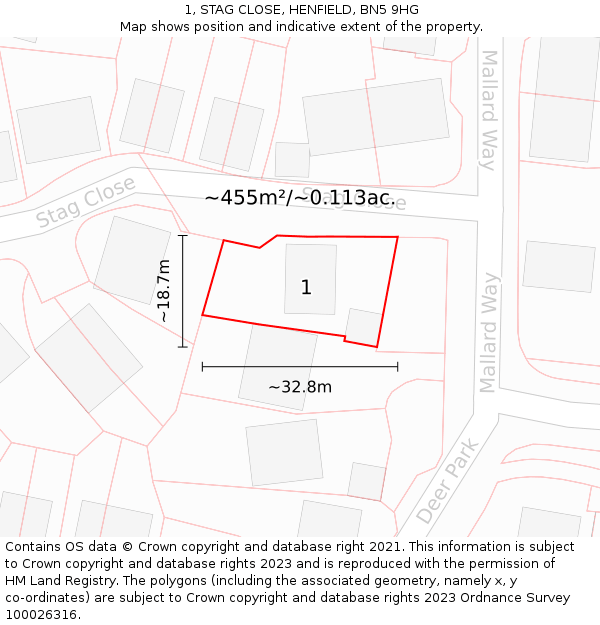 1, STAG CLOSE, HENFIELD, BN5 9HG: Plot and title map