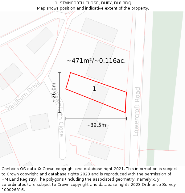 1, STAINFORTH CLOSE, BURY, BL8 3DQ: Plot and title map